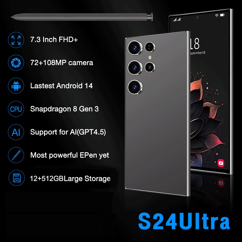 S24Ultra Smart Phone - 7.3" HD Screen, Android 14, Dual SIM Dual Standby, 6+128GB, 128GB Memory Card, Face ID, 5G/4G/3G/GPS